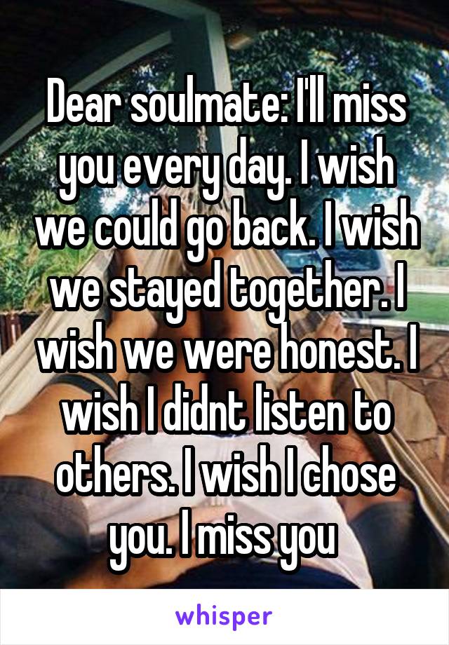 Dear soulmate: I'll miss you every day. I wish we could go back. I wish we stayed together. I wish we were honest. I wish I didnt listen to others. I wish I chose you. I miss you 
