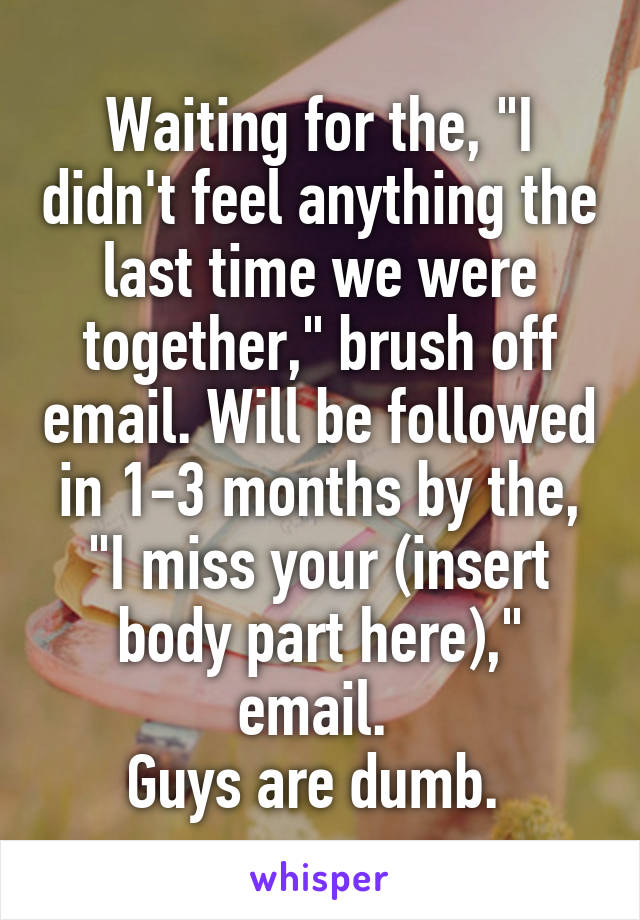 Waiting for the, "I didn't feel anything the last time we were together," brush off email. Will be followed in 1-3 months by the, "I miss your (insert body part here)," email. 
Guys are dumb. 