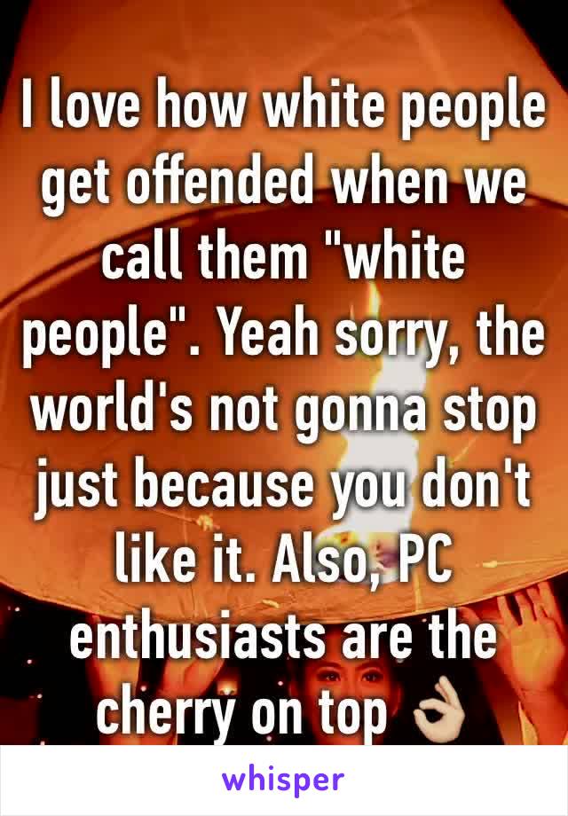 I love how white people get offended when we call them "white people". Yeah sorry, the world's not gonna stop just because you don't like it. Also, PC enthusiasts are the cherry on top 👌🏼