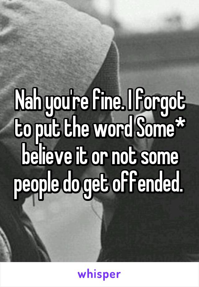 Nah you're fine. I forgot to put the word Some* believe it or not some people do get offended. 
