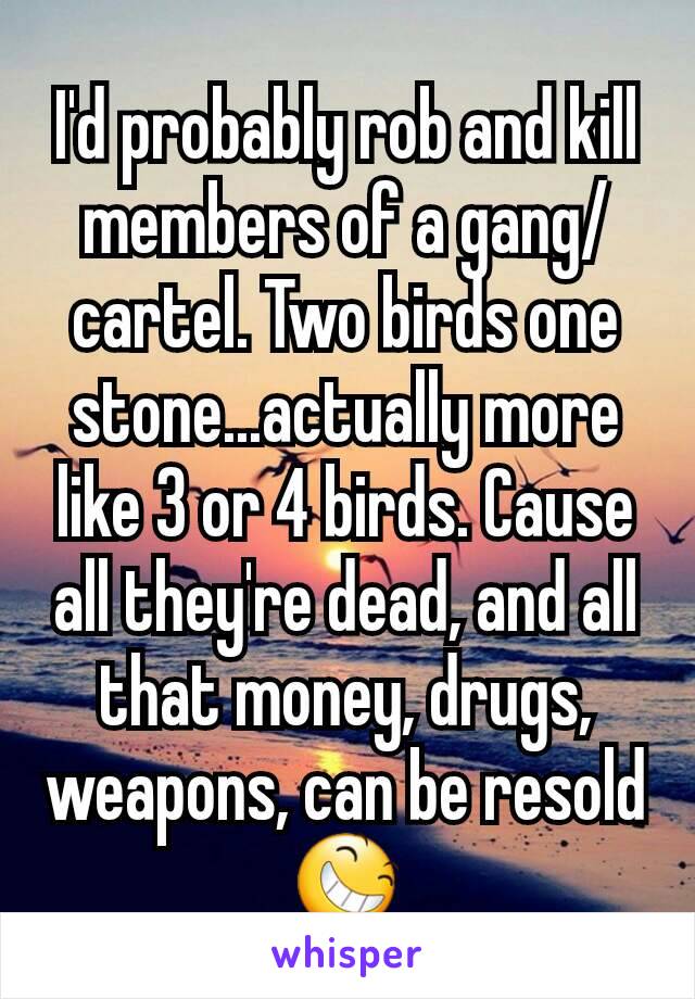 I'd probably rob and kill members of a gang/cartel. Two birds one stone...actually more like 3 or 4 birds. Cause all they're dead, and all that money, drugs, weapons, can be resold 😆