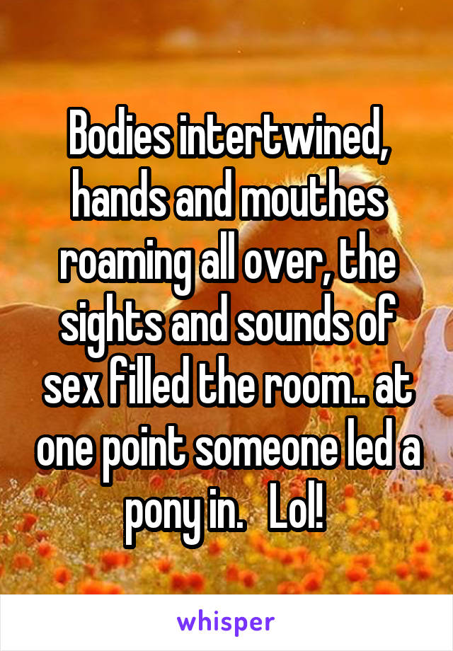 Bodies intertwined, hands and mouthes roaming all over, the sights and sounds of sex filled the room.. at one point someone led a pony in.   Lol! 