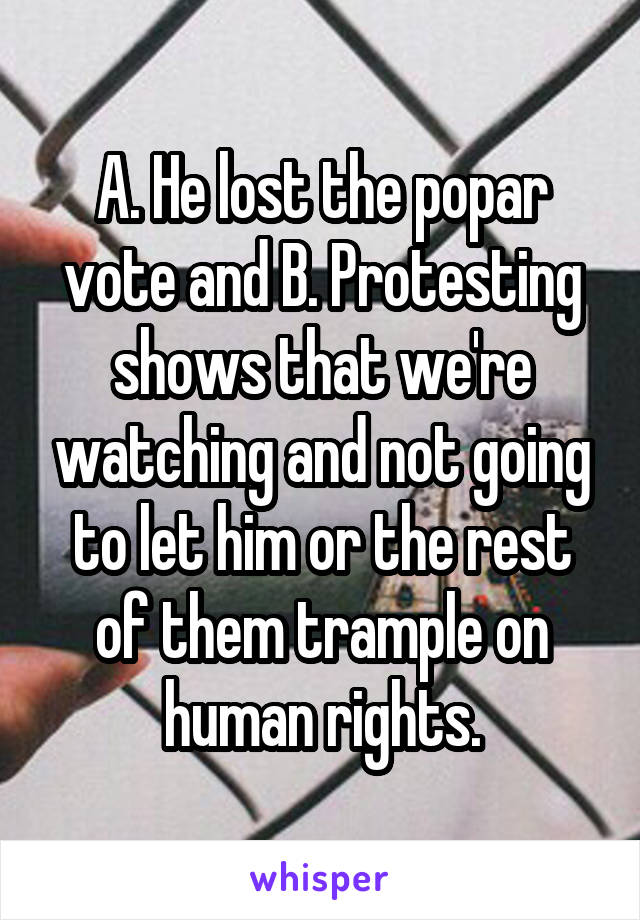 A. He lost the popar vote and B. Protesting shows that we're watching and not going to let him or the rest of them trample on human rights.