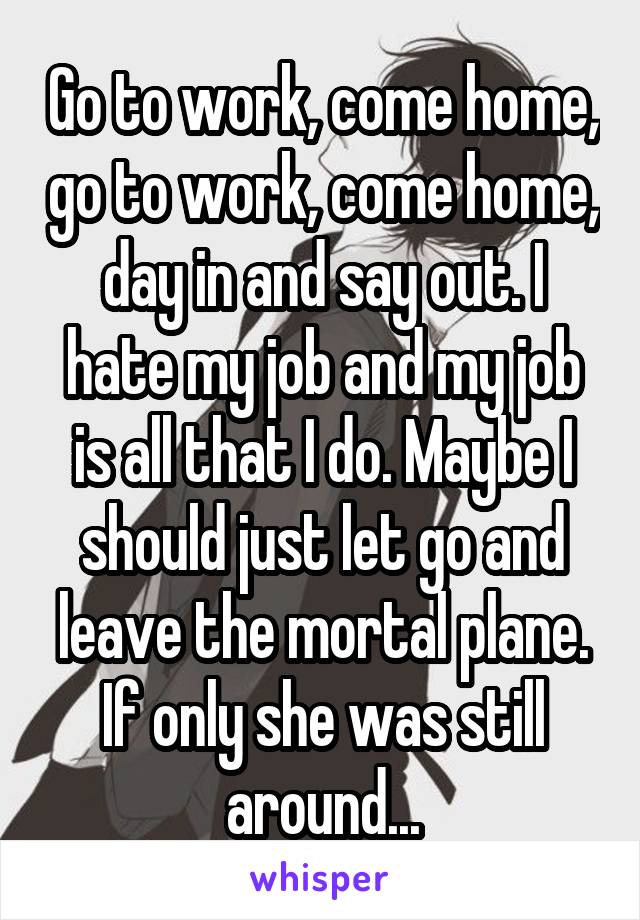 Go to work, come home, go to work, come home, day in and say out. I hate my job and my job is all that I do. Maybe I should just let go and leave the mortal plane. If only she was still around...