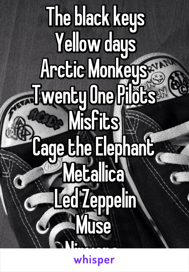 The black keys
Yellow days
Arctic Monkeys 
Twenty One Pilots 
Misfits 
Cage the Elephant 
Metallica 
Led Zeppelin
Muse 
Nirvana  