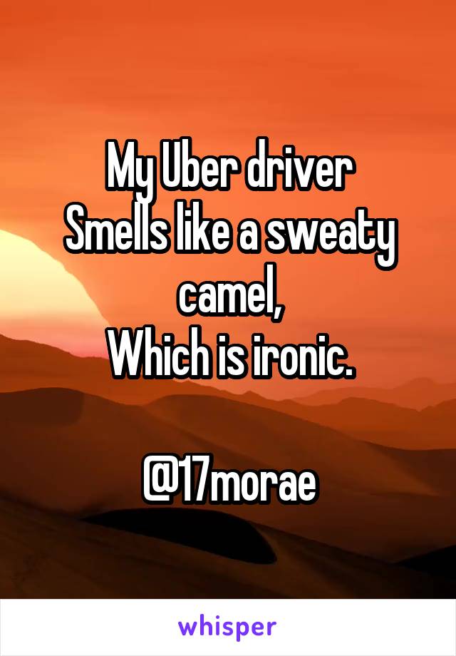 My Uber driver
Smells like a sweaty camel,
Which is ironic.

@17morae