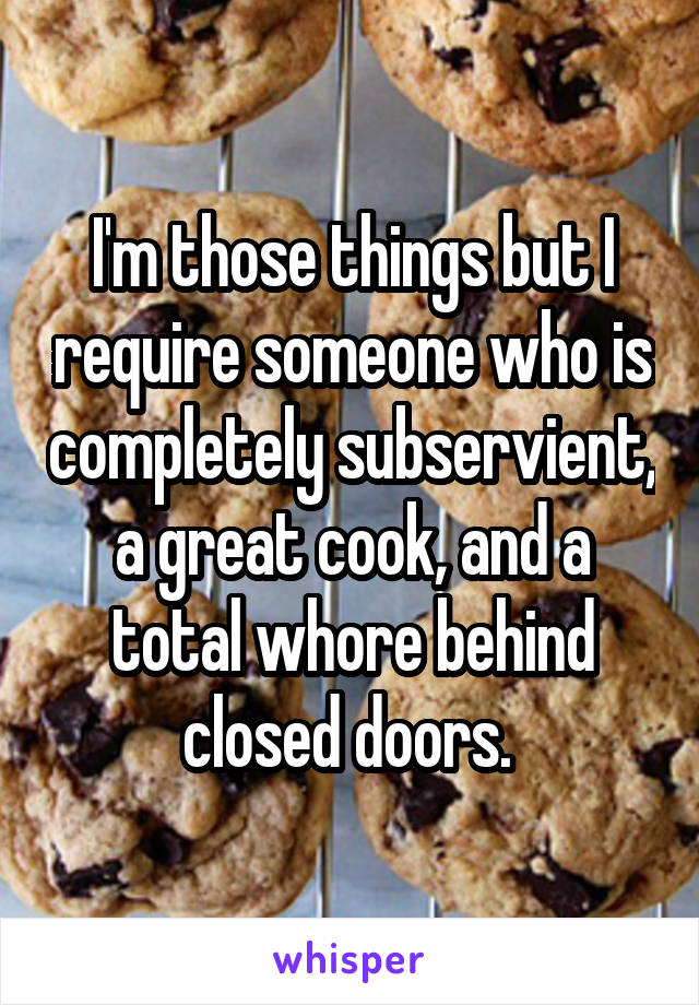 I'm those things but I require someone who is completely subservient, a great cook, and a total whore behind closed doors. 