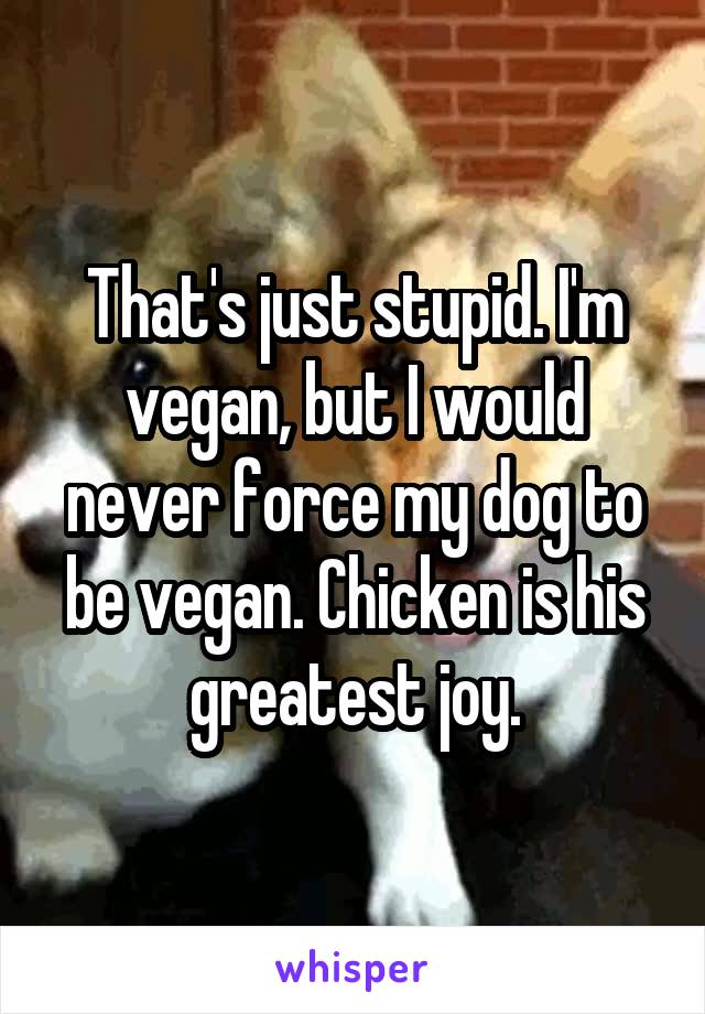 That's just stupid. I'm vegan, but I would never force my dog to be vegan. Chicken is his greatest joy.