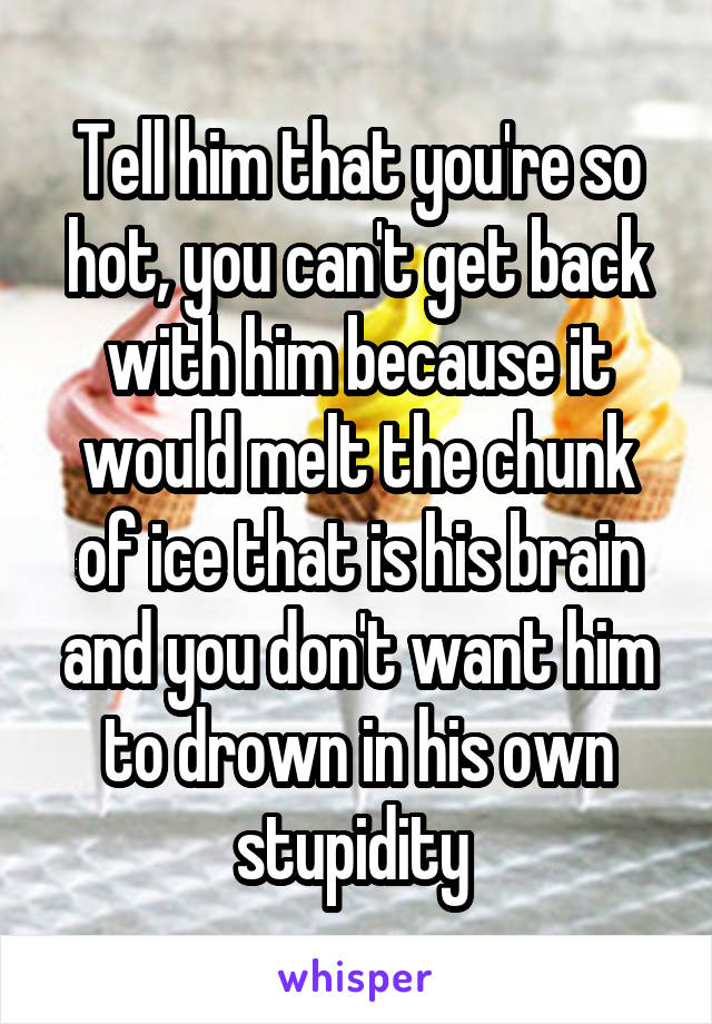 Tell him that you're so hot, you can't get back with him because it would melt the chunk of ice that is his brain and you don't want him to drown in his own stupidity 