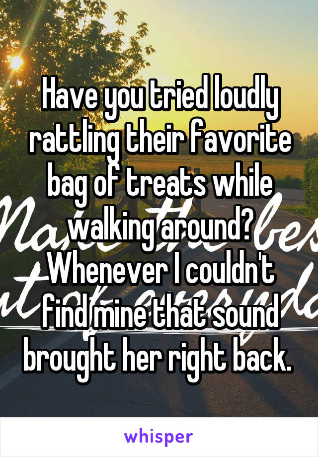 Have you tried loudly rattling their favorite bag of treats while walking around? Whenever I couldn't find mine that sound brought her right back. 