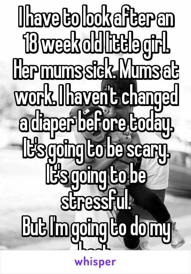 I have to look after an 18 week old little girl. Her mums sick. Mums at work. I haven't changed a diaper before today. It's going to be scary.
It's going to be stressful.
But I'm going to do my best.