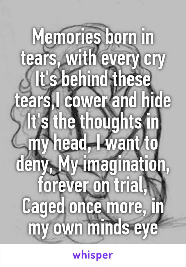 Memories born in tears, with every cry
It's behind these tears,I cower and hide
It's the thoughts in my head, I want to deny, My imagination, forever on trial,
Caged once more, in my own minds eye