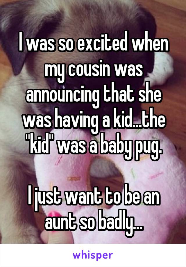 I was so excited when my cousin was announcing that she was having a kid...the "kid" was a baby pug.

I just want to be an aunt so badly...