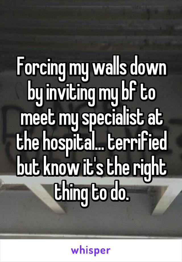 Forcing my walls down by inviting my bf to meet my specialist at the hospital... terrified but know it's the right thing to do.