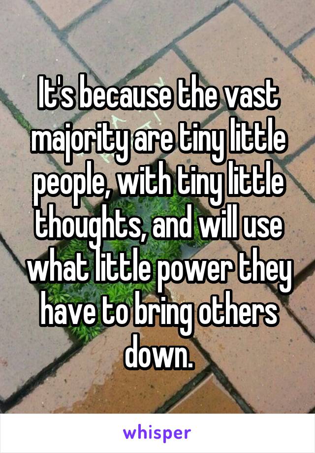 It's because the vast majority are tiny little people, with tiny little thoughts, and will use what little power they have to bring others down.