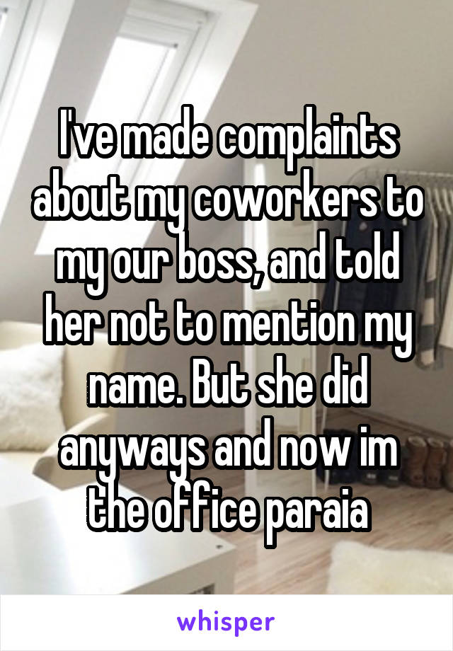 I've made complaints about my coworkers to my our boss, and told her not to mention my name. But she did anyways and now im the office paraia
