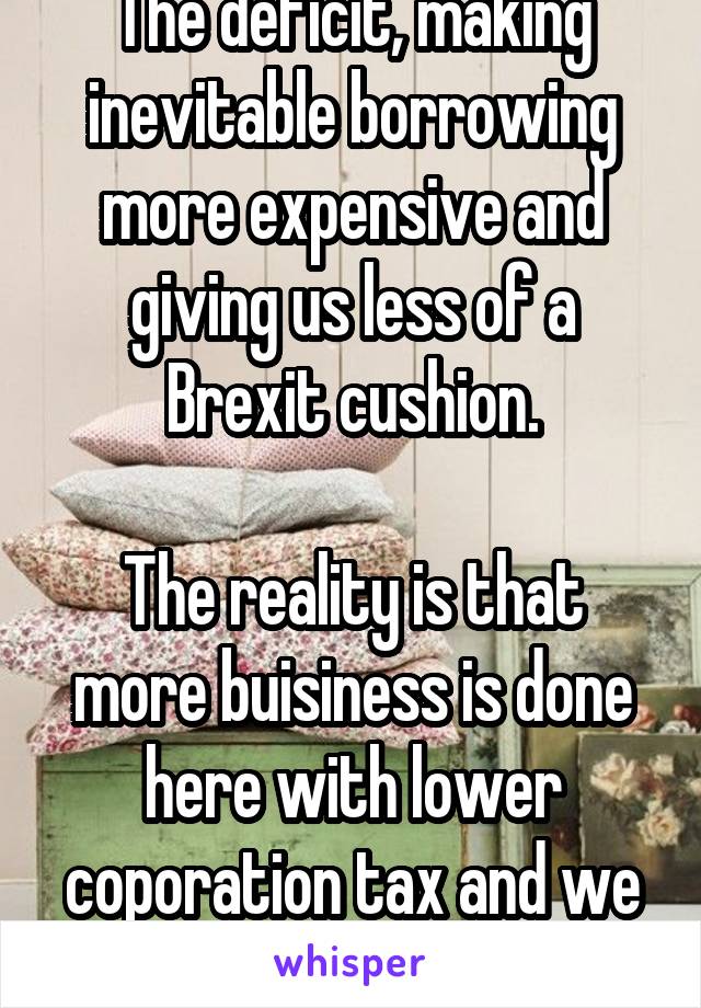 The deficit, making inevitable borrowing more expensive and giving us less of a Brexit cushion.

The reality is that more buisiness is done here with lower coporation tax and we make more 