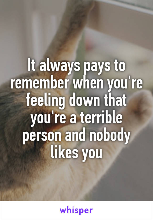 It always pays to remember when you're feeling down that you're a terrible person and nobody likes you