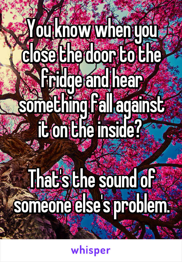 You know when you close the door to the fridge and hear something fall against it on the inside? 

That's the sound of someone else's problem. 
