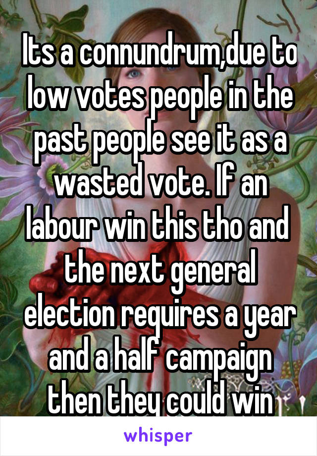Its a connundrum,due to low votes people in the past people see it as a wasted vote. If an labour win this tho and  the next general election requires a year and a half campaign then they could win