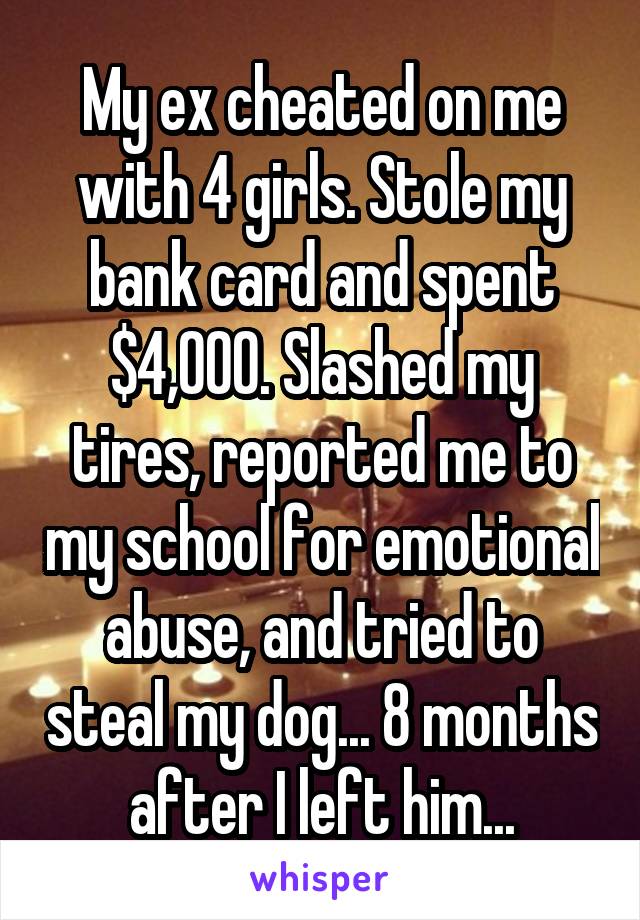My ex cheated on me with 4 girls. Stole my bank card and spent $4,000. Slashed my tires, reported me to my school for emotional abuse, and tried to steal my dog... 8 months after I left him...