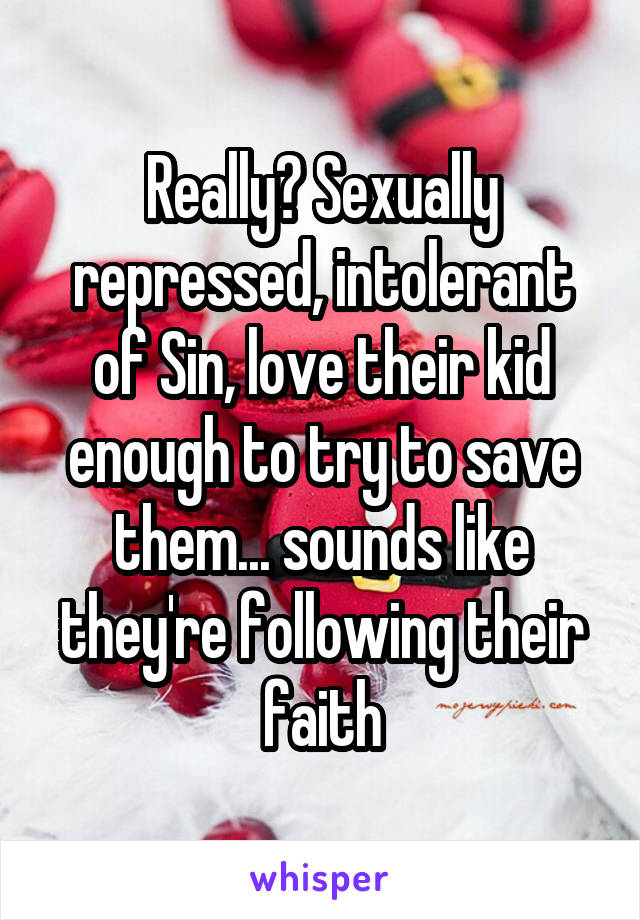 Really? Sexually repressed, intolerant of Sin, love their kid enough to try to save them... sounds like they're following their faith