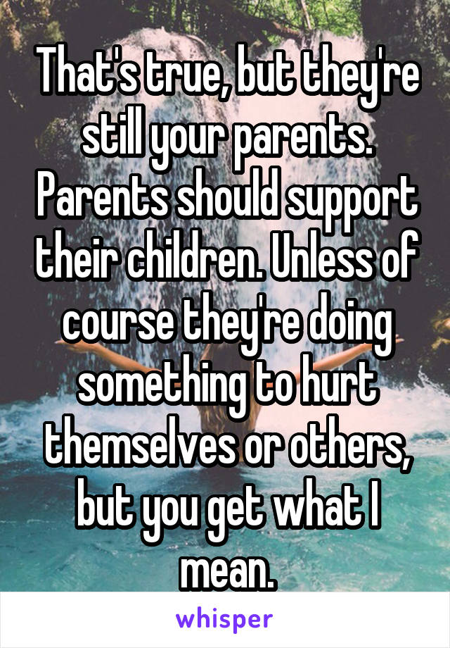 That's true, but they're still your parents. Parents should support their children. Unless of course they're doing something to hurt themselves or others, but you get what I mean.