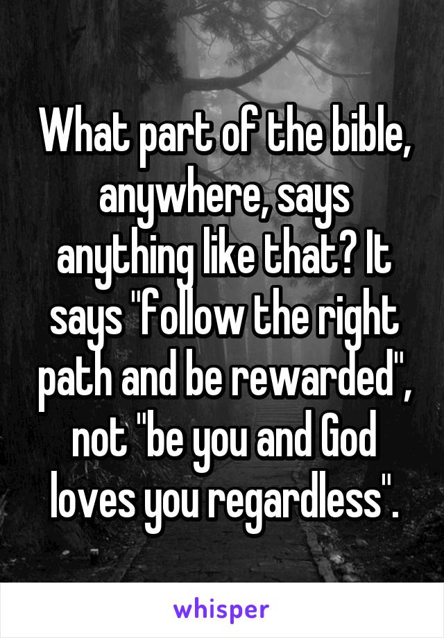 What part of the bible, anywhere, says anything like that? It says "follow the right path and be rewarded", not "be you and God loves you regardless".