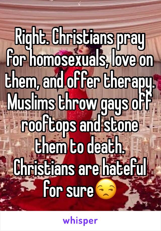 Right. Christians pray for homosexuals, love on them, and offer therapy. 
Muslims throw gays off rooftops and stone them to death. 
Christians are hateful for sure😒