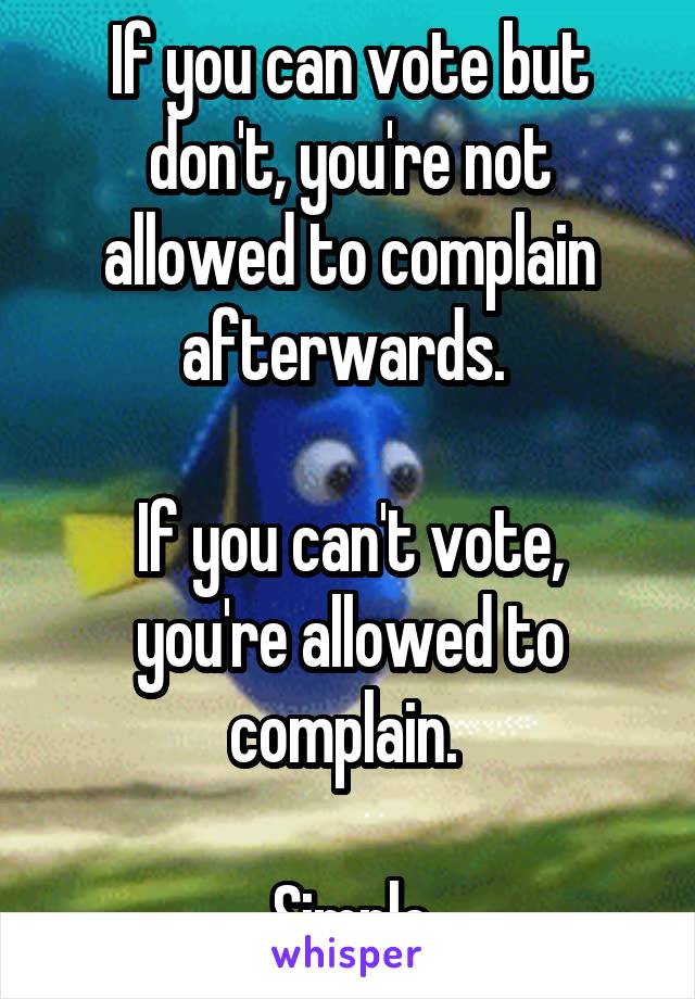 If you can vote but don't, you're not allowed to complain afterwards. 

If you can't vote, you're allowed to complain. 

Simple