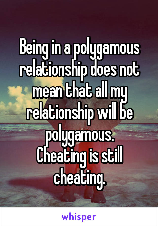 Being in a polygamous relationship does not mean that all my relationship will be polygamous.
Cheating is still cheating.