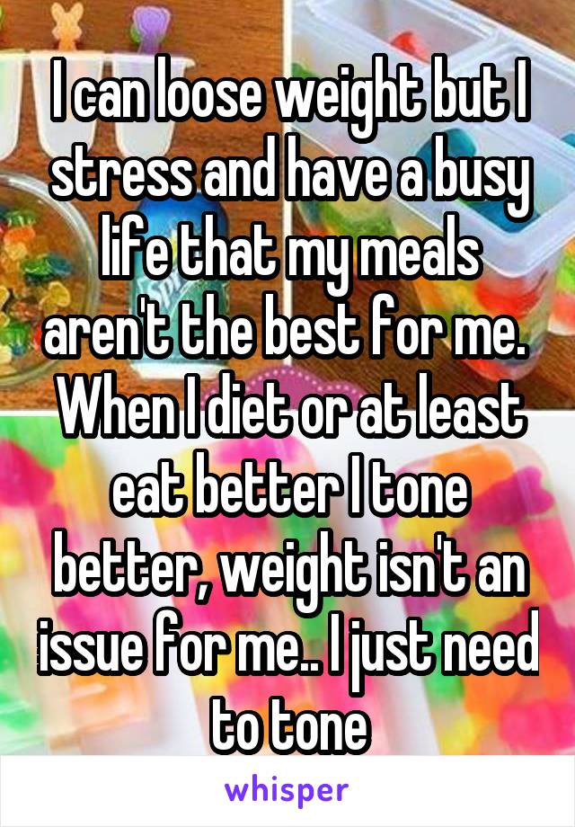 I can loose weight but I stress and have a busy life that my meals aren't the best for me.  When I diet or at least eat better I tone better, weight isn't an issue for me.. I just need to tone