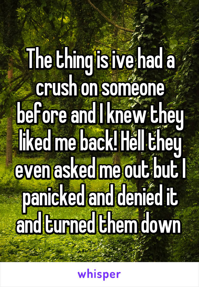 The thing is ive had a crush on someone before and I knew they liked me back! Hell they even asked me out but I panicked and denied it and turned them down 