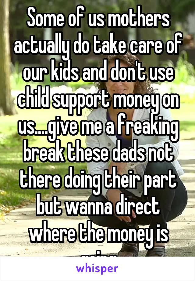 Some of us mothers actually do take care of our kids and don't use child support money on us....give me a freaking break these dads not there doing their part but wanna direct where the money is going