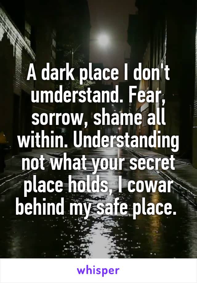 A dark place I don't umderstand. Fear, sorrow, shame all within. Understanding not what your secret place holds, I cowar behind my safe place. 