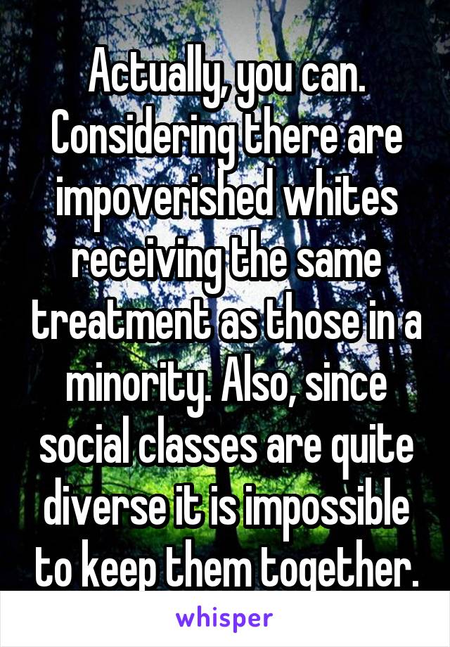 Actually, you can. Considering there are impoverished whites receiving the same treatment as those in a minority. Also, since social classes are quite diverse it is impossible to keep them together.