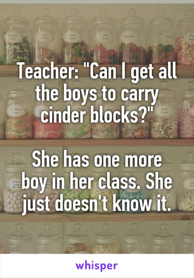 Teacher: "Can I get all the boys to carry cinder blocks?"

She has one more boy in her class. She just doesn't know it.