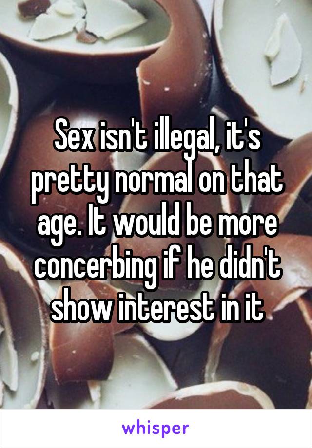 Sex isn't illegal, it's pretty normal on that age. It would be more concerbing if he didn't show interest in it