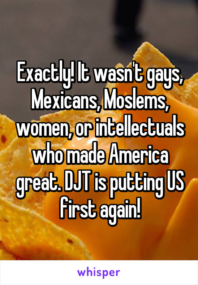 Exactly! It wasn't gays, Mexicans, Moslems, women, or intellectuals who made America great. DJT is putting US first again!