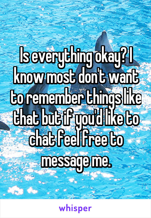 Is everything okay? I know most don't want to remember things like that but if you'd like to chat feel free to message me.