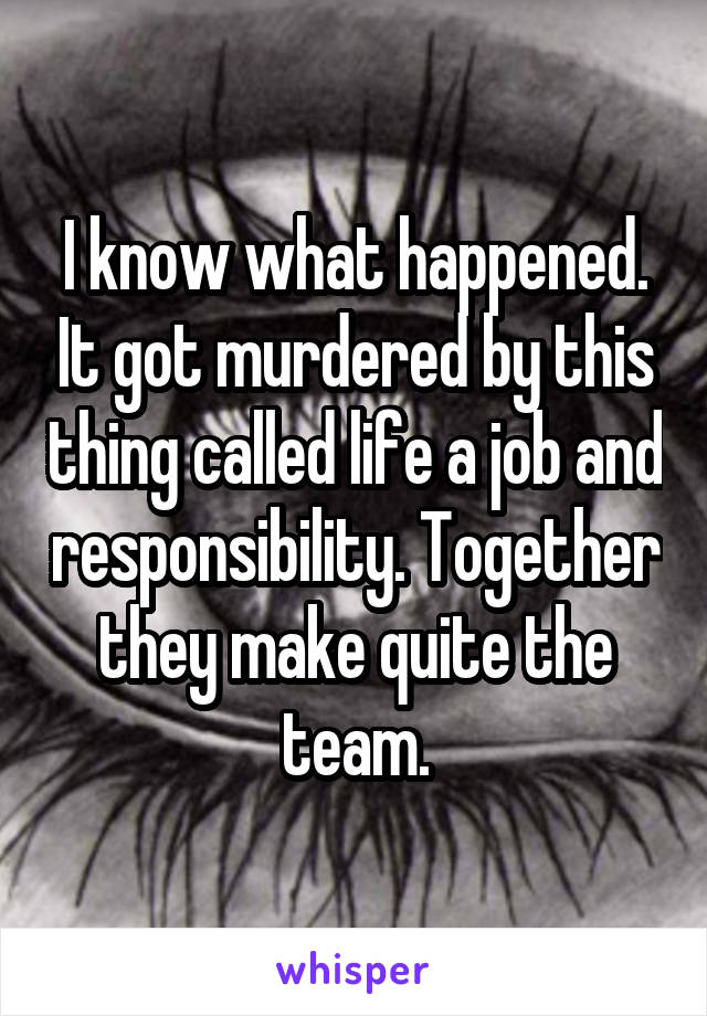 I know what happened. It got murdered by this thing called life a job and responsibility. Together they make quite the team.