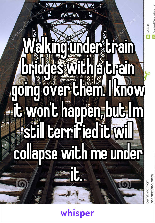 Walking under train bridges with a train going over them. I know it won't happen, but I'm still terrified it will collapse with me under it. 