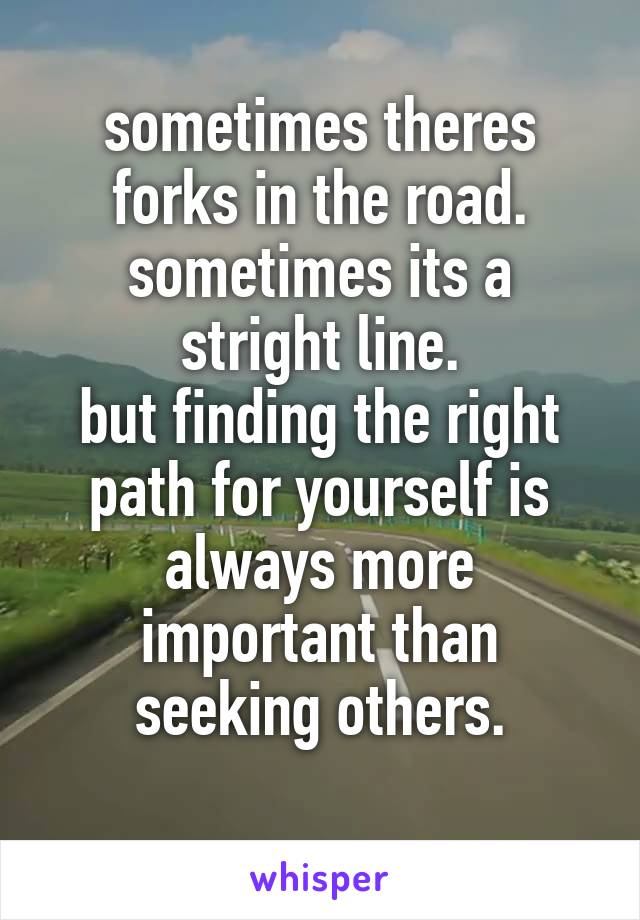 sometimes theres forks in the road.
sometimes its a stright line.
but finding the right path for yourself is always more important than seeking others.
