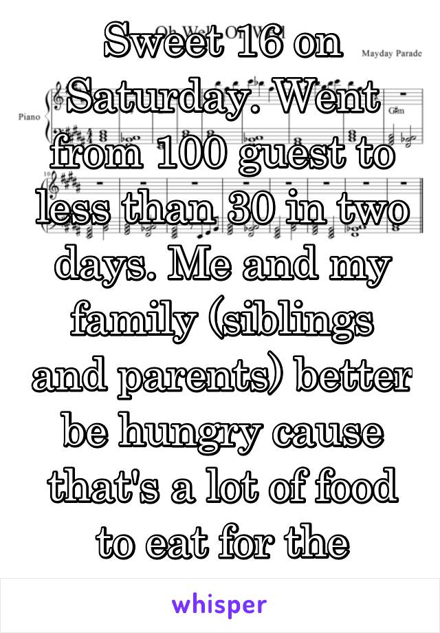 Sweet 16 on Saturday. Went from 100 guest to less than 30 in two days. Me and my family (siblings and parents) better be hungry cause that's a lot of food to eat for the flakers.