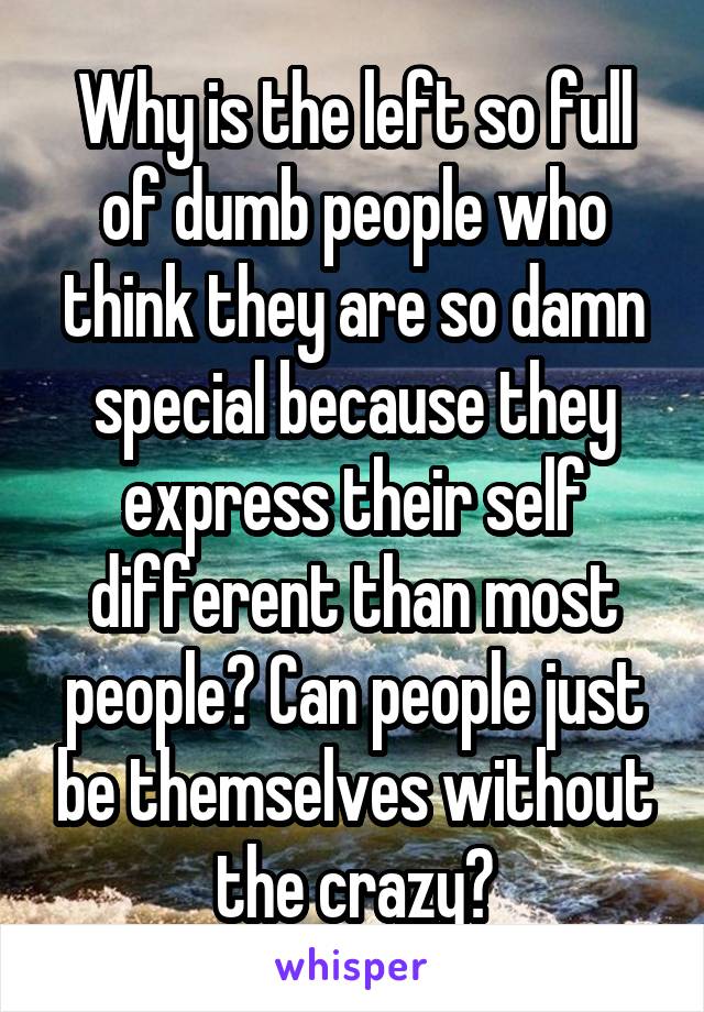 Why is the left so full of dumb people who think they are so damn special because they express their self different than most people? Can people just be themselves without the crazy?