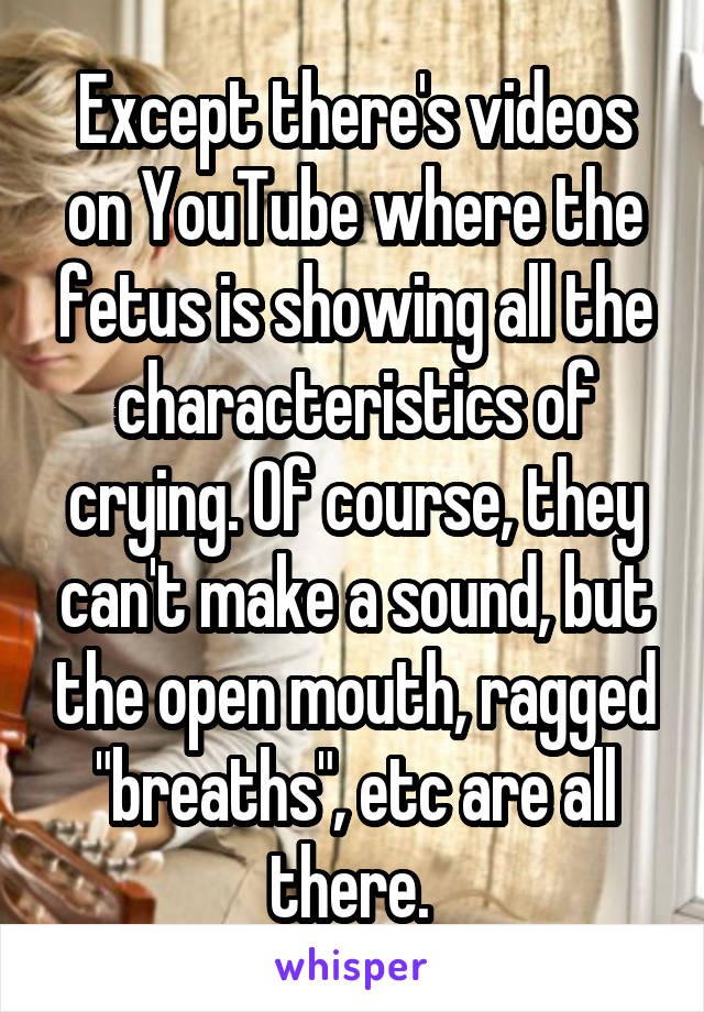 Except there's videos on YouTube where the fetus is showing all the characteristics of crying. Of course, they can't make a sound, but the open mouth, ragged "breaths", etc are all there. 