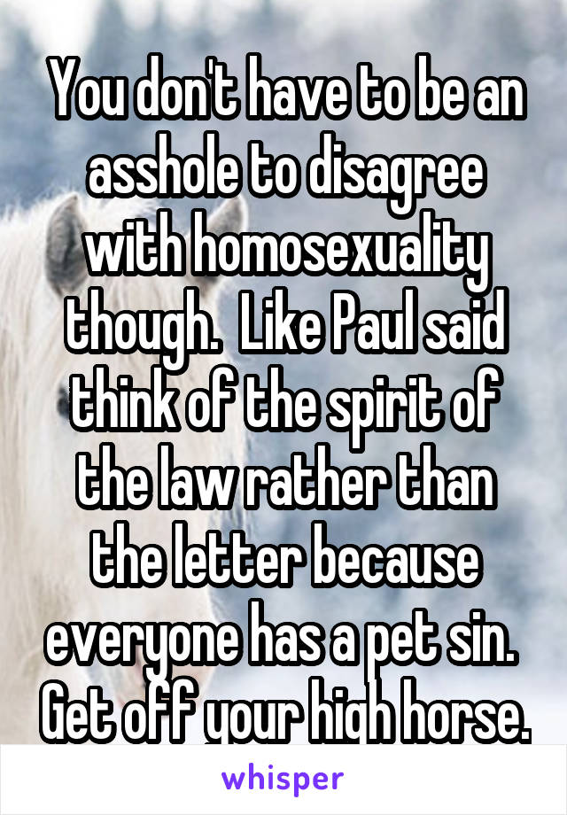 You don't have to be an asshole to disagree with homosexuality though.  Like Paul said think of the spirit of the law rather than the letter because everyone has a pet sin.  Get off your high horse.