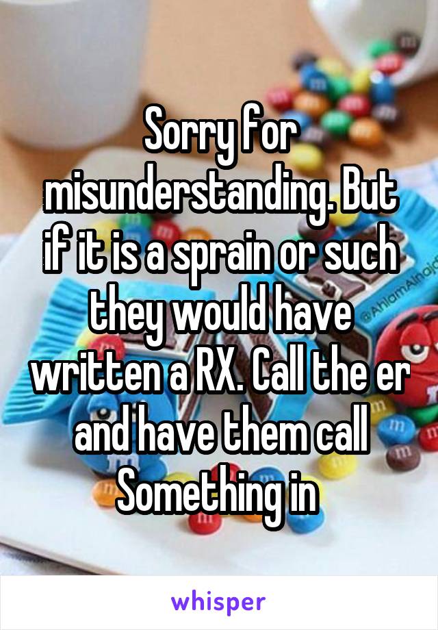 Sorry for misunderstanding. But if it is a sprain or such they would have written a RX. Call the er and have them call
Something in 