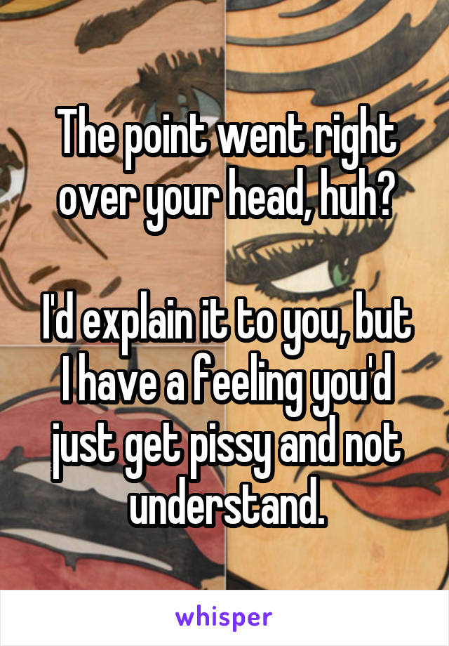 The point went right over your head, huh?

I'd explain it to you, but I have a feeling you'd just get pissy and not understand.