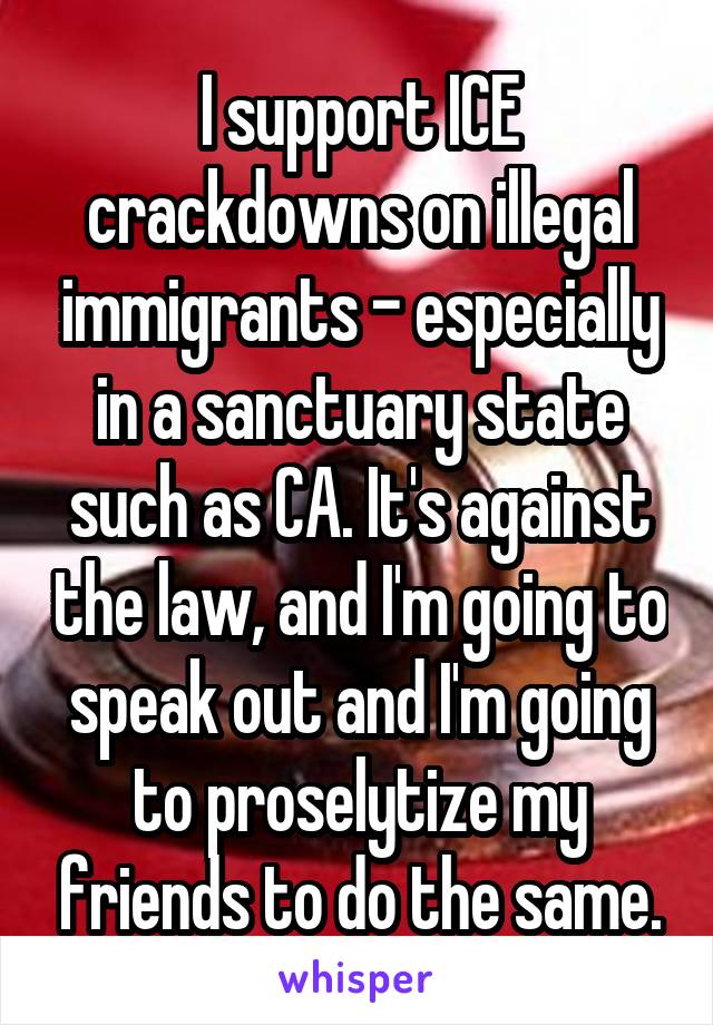 I support ICE crackdowns on illegal immigrants - especially in a sanctuary state such as CA. It's against the law, and I'm going to speak out and I'm going to proselytize my friends to do the same.